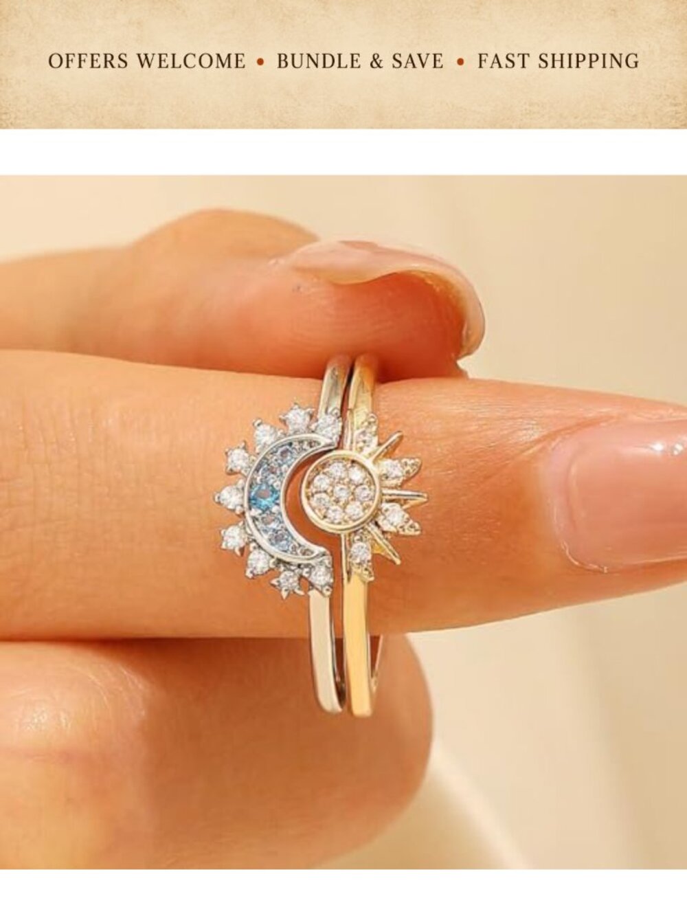 Sun Moon Stackable Ring Set Adjustable Crystal Friendship Rings - Picture 2 of 5